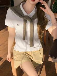 DAZY 夏季新款复古马球领女式 T 恤 - 白色 - 查看 4