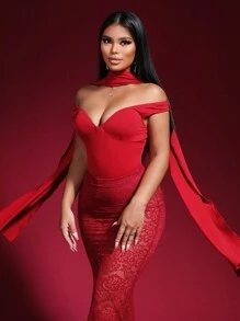 Zolique Ladies' Knitted Scarf Decoration Off Shoulder V-Neck Sexy Burgundy Bodysuit