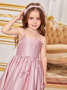 SHEIN Young Girl Woven Solid Color Bowknot Strap Dress, Formal Clothing