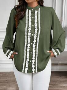 SHEIN LUNE Plus Size Contrast Color Trim Collar & Cuff Casual Office Shirt With Long Sleeves - Army Green - View 7