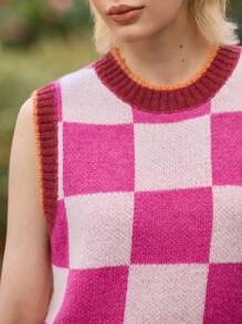 Skyraze Casual Pink Plaid Sleeveless Sweater Dress - Pink - View 5