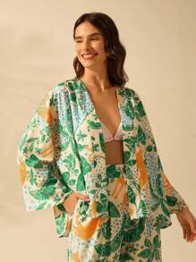 Kimono casual de manga larga con estampado tropical de leopardo y árbol de coco, perfecto para vacaciones - Multicolor - Ver 1