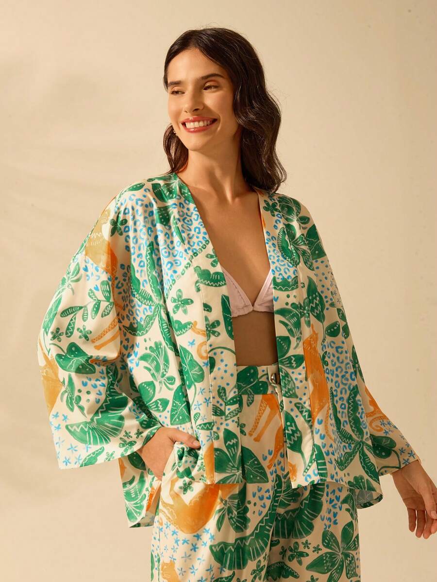 Kimono casual de manga larga con estampado tropical de leopardo y árbol de coco, perfecto para vacaciones - Multicolor - Ver 1