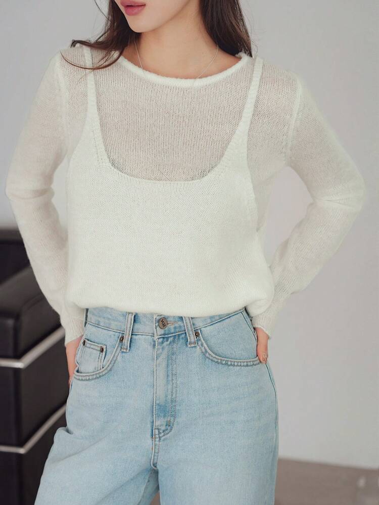 Knitted Sleeveless Vest Pullover Sweater For Women Sheer Fall