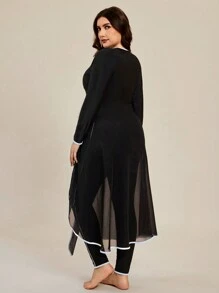 3pcs/Set Plus Size Contrast Binding Long Sleeve Top, Pants And Cover-Up Skirt, For Summer Beach Vacation