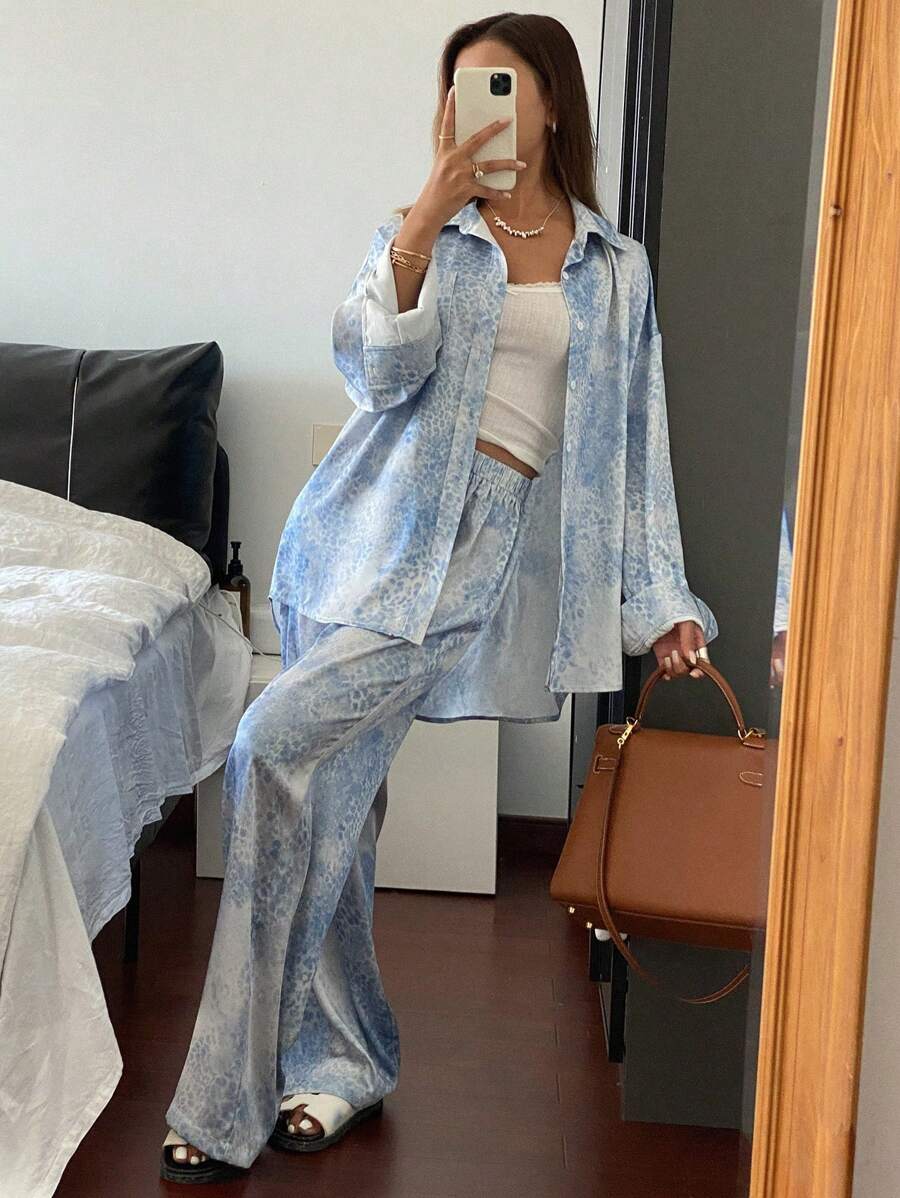 Livesso 2 件套女士豹纹宽松长袖衬衫和阔腿裤套装，适合春夏、秋季度假休闲装 - 藍色 - 查看 1