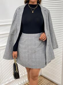 Ellevyn Plus Size Plaid Print Blazer And Mini Skirt Suit Set, Autumn - Multicolor - View 7