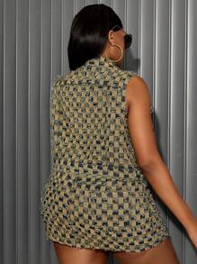 SHEIN SXY Chaleco de mezclilla con estampado de cuadros para mujeres de talla grande - Azul - Ver 2