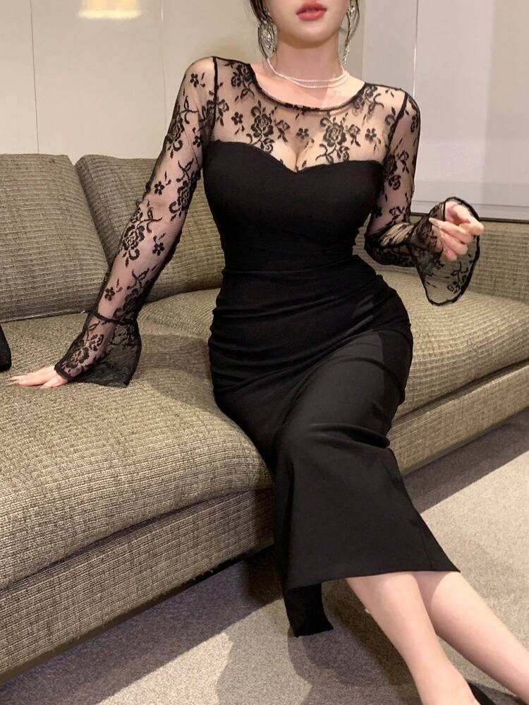 Sheer Mesh Lace Patchwork Long Dress, Flare Sleeve, Mermaid Hem, Holiday Resort Wear For Women, Spring/Fall Elegant,Formal Women Dresses Long Sleeve Dress Prom Dress Maxi Dress