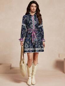 Almamuse Vestido ajustado de manga larga con estampado floral y volantes en el dobladillo para mujer - Azul - Ver 1