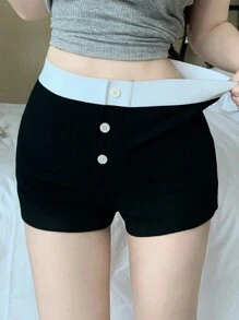 DAZY 拼色纽扣装饰修身短款睡裤 - 黑色 - 查看 8