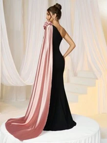 SHEIN Belle Women's Knit Black Contrast Stereo Floral Mermaid Hem Evening Party Dress, Wedding Guest Dress, Prom Dress - Pink - View 2