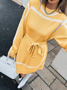 Chiquease Women Drop Shoulder Loose Tie Waist Sweater Dress