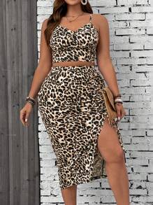 SHEIN VCAY Conjunto de 2 peças de camisola com estampa de leopardo e saia com fenda tamanho grande para férias - Damasco - Ver 1
