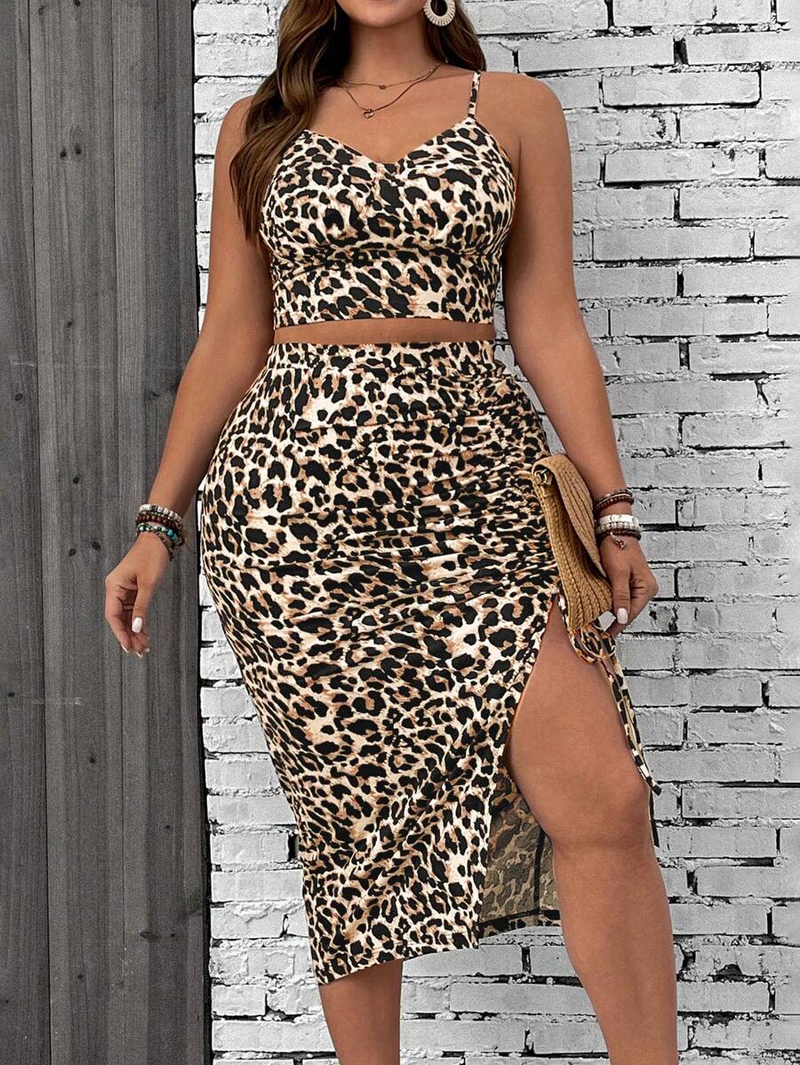 SHEIN VCAY Conjunto de 2 peças de camisola com estampa de leopardo e saia com fenda tamanho grande para férias - Damasco - Ver 1