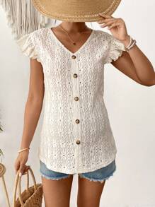 SHEIN Maternity Simple Front Button Ruffle Hem T-Shirt - White - View 5