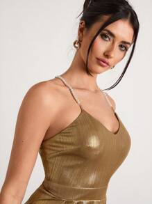 Glamine 新款串珠链条肩带高腰露背后拉链阔腿修身金色四季针织优雅女士长款连体裤，夜店装扮，情人节，情人节服装 - 金色 - 查看 6