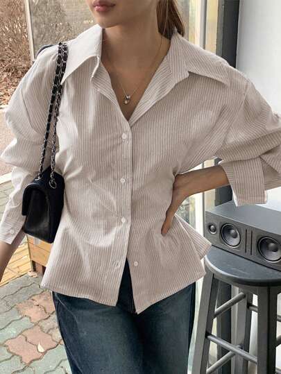 DAZY Women's Striped Lapel Waist Fitted Shirt, Business Casual Khaki, Spring/Summer,Fall Clothes Long Sleeve Top