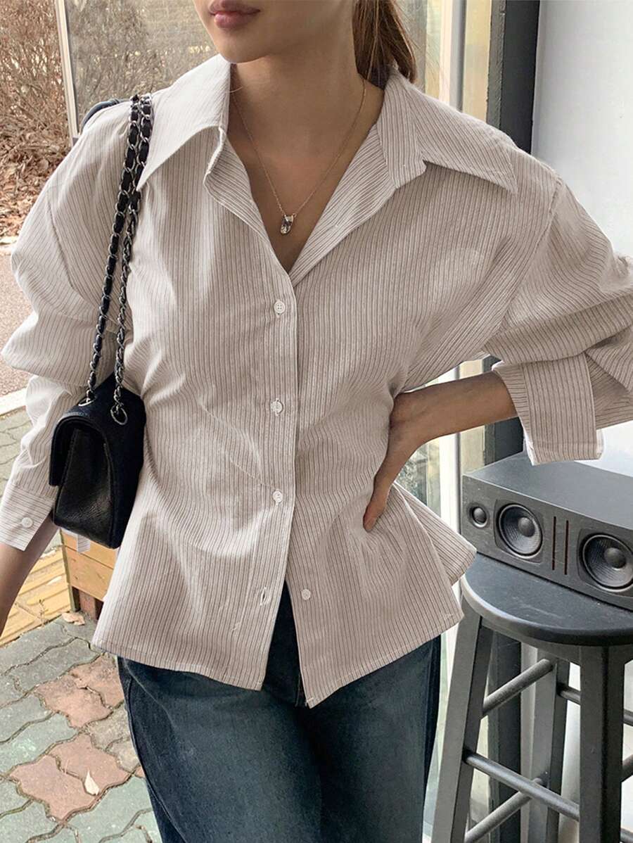 DAZY 女式条纹翻领收腰修身衬衫,商务休闲卡其色,春夏秋装长袖上衣 - 卡其色 - 查看 1