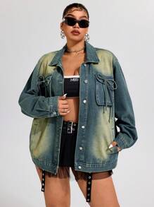 SHEIN ICON Plus Size Versleten Denim Jeansjack voor Dames