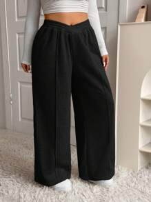SHEIN EZwear Große Größen V-Taille Weit Geschnittene Lässig Zuhause Jogginghose, Herbst/Winter, Schwarz - Schwarz - Übersicht 4