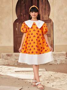 SHEIN Tween Girls Loose Casual Colorblock Collared Pearl Decor Puff Sleeve Dress