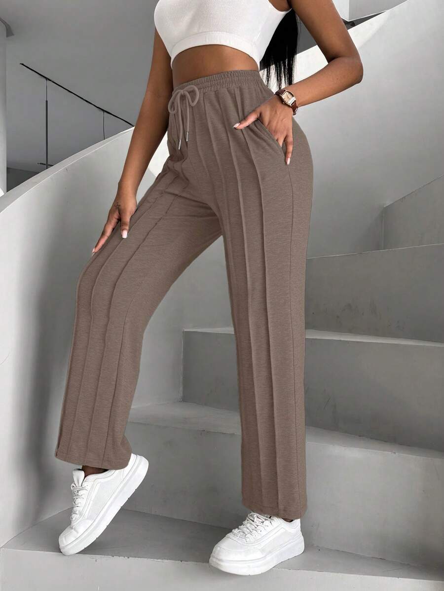 Zolique Women's Solid Color Waist Tie Pocket Toothpick Pattern Design Casual Sweatpants - Khaki - View 1