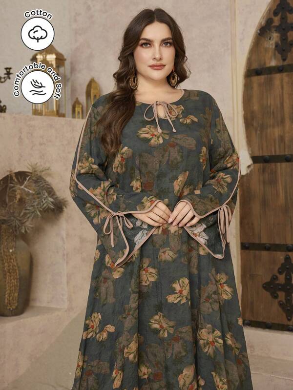 Lacomfia Casual Floral Print Long Sleeve Loose Fit Regular Dress For Plus Size Women, Suitable For Spring And Autumn,Modest