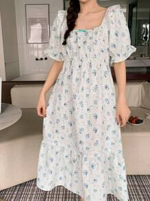 DAZY 甜美碎花蝴蝶结装饰荷叶边泡泡袖睡袍睡衣 - 杏色 - 查看 5