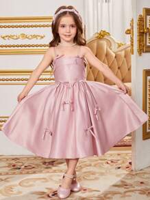 SHEIN Young Girl Woven Solid Color Bowknot Strap Dress, Formal Clothing