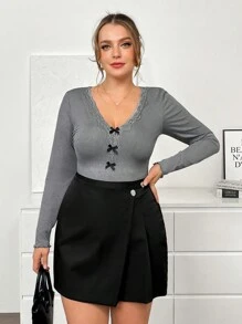 SHEIN Essnce 大码女式长袖T恤，蝴蝶结上衣，春季女装外出上衣，春装，女士节日情人节女士春季 - 深灰色 - 查看 3