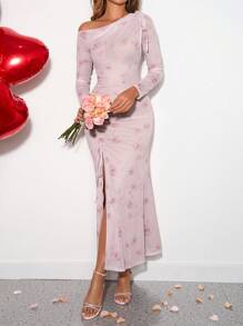 Ellevyn Trang phục váy bó dài cho nữ, cổ chữ V in hoa hồng, phong cách hẹn hò lãng mạn thanh lịch với vai hở và xẻ tà cho ngày lễ tình nhân mùa xuân/hè - Hồng - Xem 5