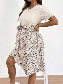 SHEIN Maternity Casual Ditsy Floral Patchwork Dress For Vacation - Apricot - View 3