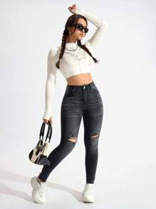 SHEIN EZwear Women's Casual Ripped Fitted Washed Denim Jeans - Grey - View 3