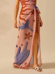 CAJUNI Women's Boho Print Vacation Casual Beach Swim Cover Up Skirt Sarong For Summer Beach Vacation, Country Concert