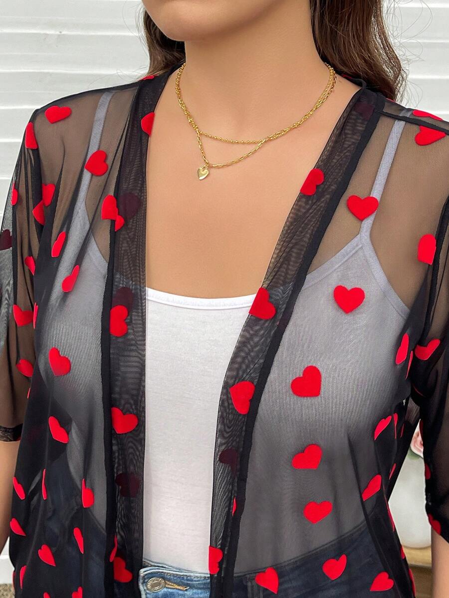 SHEIN LUNE 大码女式植绒心形透视短夹克，情人节，爱情/情人，心形，春季，夏季，情人节礼物 - 彩色 - 查看 1