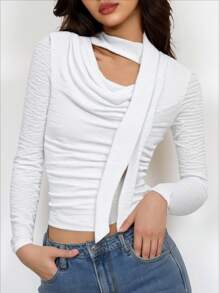 SHEIN Teen Girl Elegant White Tie Decor Neck Knitted Long Sleeve Loose Fit T-Shirt - White - View 3