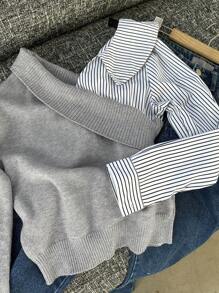 DAZY Blouse femme bicolore à rayures et patchwork, Top à manches longues pour l'automne - Gris - Voir 4