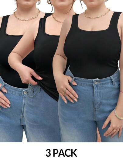 SHEIN Essnce Plus Size Women's Spring And Summer Fashion Casual Comfortable Daily Basic Slim Square Neck Wide Strap Top Suspenders Black 3 Packs, Going Out Tops, Summer Outfits, Curve Tops