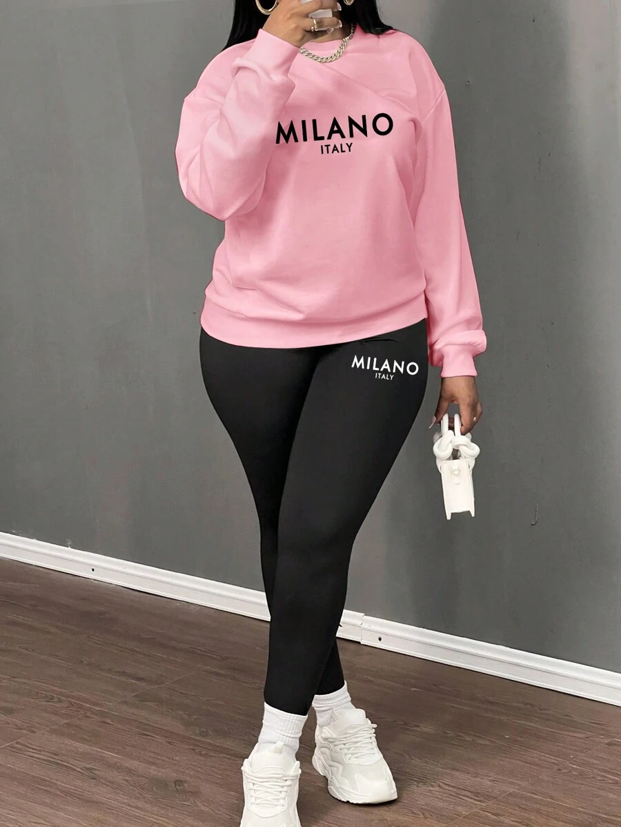 Slaydiva 2 件 MILANO 休闲标语图案宽松圆领运动衫和紧身打底裤套装，适合秋冬季 - 淺粉色 - 查看 1