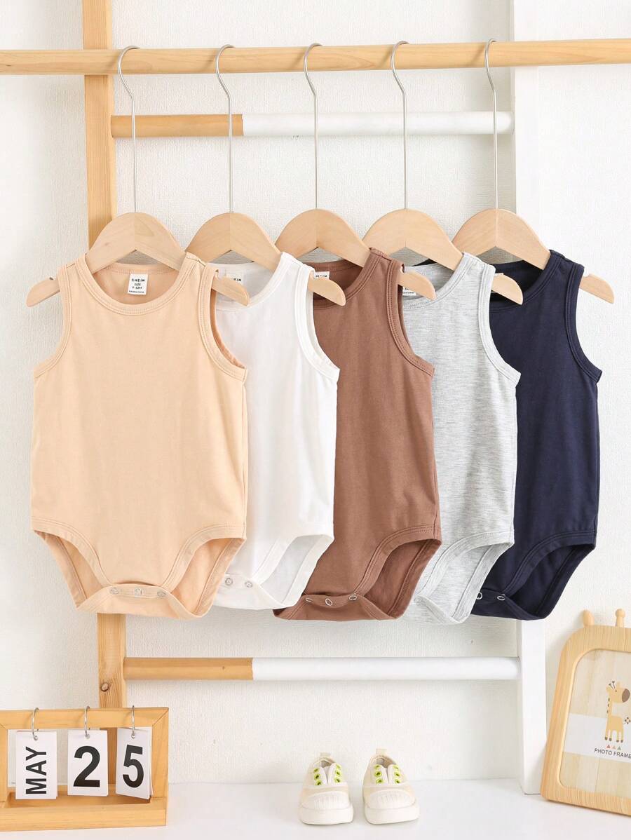 SHEIN Leap Crew 5件套新生儿男女宝宝无袖纯色针织连体衣，夏季基础款连体衣套装 - 彩色 - 查看 1