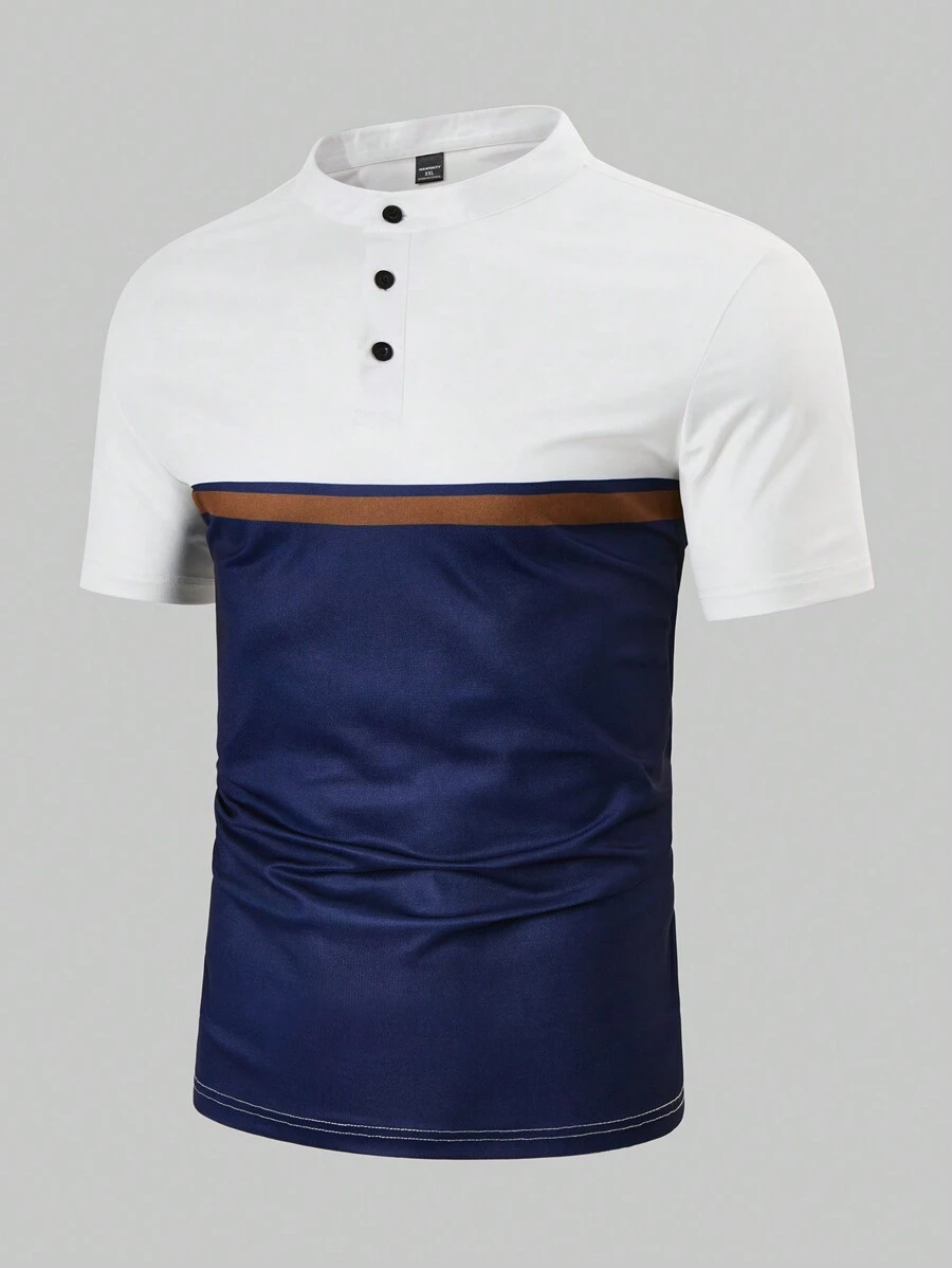 Manfinity Homme Plus Size Men's Solid Color Patchwork Front Button Short Sleeve Polo Shirt - Multicolor - View 1