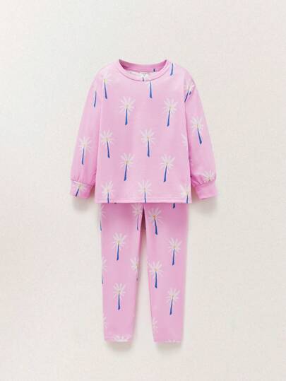 THE HAPPY LOOK Young Girls Casual Style Beige Floral Print Pink Knit Fabric Oversized Crewneck Long Sleeve Boxy T-Shirt & Printed Leggings Sets