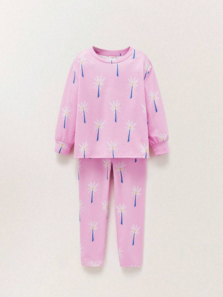 THE HAPPY LOOK Young Girls Casual Style Beige Floral Print Pink Knit Fabric Oversized Crewneck Long Sleeve Boxy T-Shirt & Printed Leggings Sets