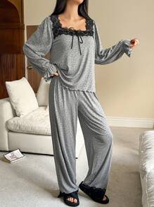 DAZY 2pcs Women Lace Polka Dot Print Loose Top & Pants Comfort Pajama Sets, Spring, Back To School Clothes, Fall Winter Clothes - Grey - View 5
