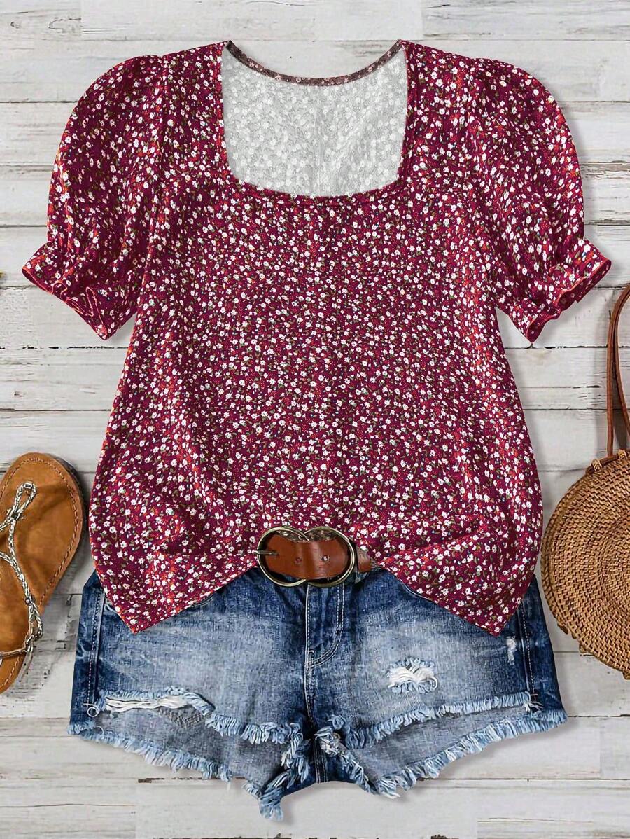 EMERY ROSE Blusa de gola alta com mangas curtas e bufantes, estampa floral delicada, look casual para férias, para mulheres - Multicolorido - Visão 1