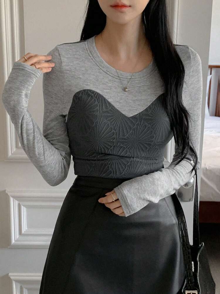 1pc Women Textured Fabric 2 In 1 Colorblock Fitted T-Shirt Long Sleeve Women Tops