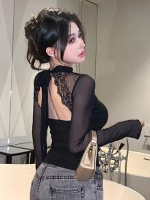 DAZY ملابس علوية نسائية بربطة خلفية من الدانتيل والتصميم المفرغ، مناسبة لعيد الحب، بأكمام طويلة، ملابس علوية خروج للنساء - الأسود - مشاهدة 1