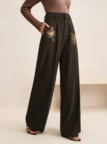 Anewsta Straight Leg Gold Palm Tree Beaded High Waisted Suit Pants, New Year's Women - Coffee Brown - View 3