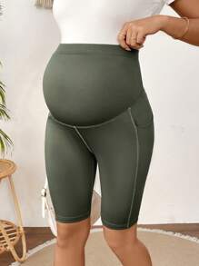 SHEIN Solid Color Casual Maternity Leggings, Simple & Fashionable For Everyday Wear - Army Green - View 4
